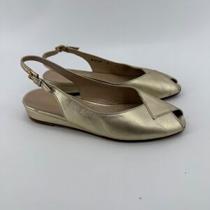 Bruno Magli Gold Leather Slingback Peep Toe Flats Low Wedge Italy Womens 8 C